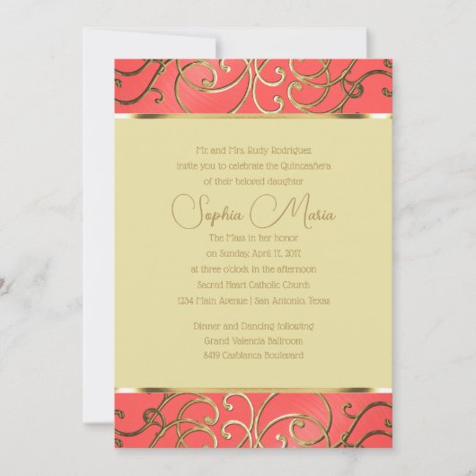 キンセアニラコーラルピンクと金ゴールドフィリグレ渦巻き 招待状 (正面)