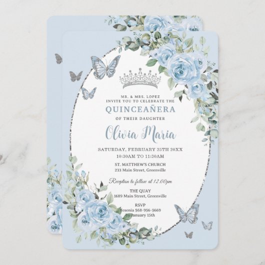 キンセアニラシックベビーブルーフローラ蝶 招待状 (正面/裏面)