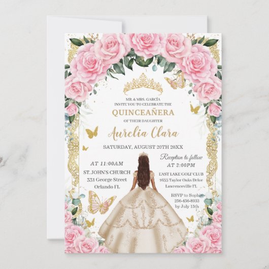 キンセアニラシャンパンピンクフローラヴィンテージ金ゴールド 招待状 (正面)