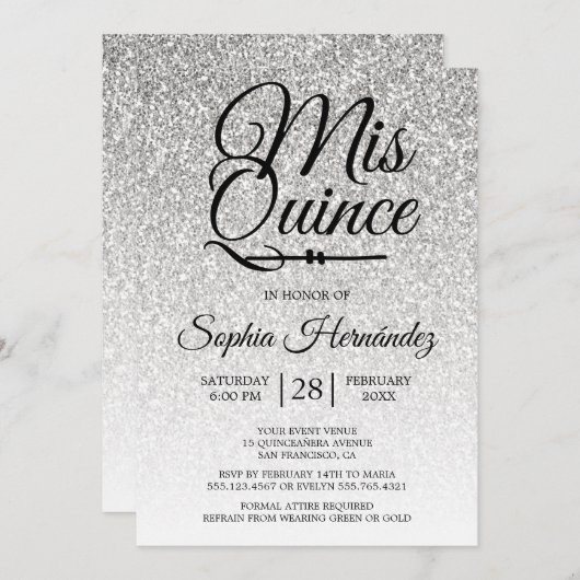 キンセアニラシルバーグリッター15誕生日 招待状 (正面/裏面)