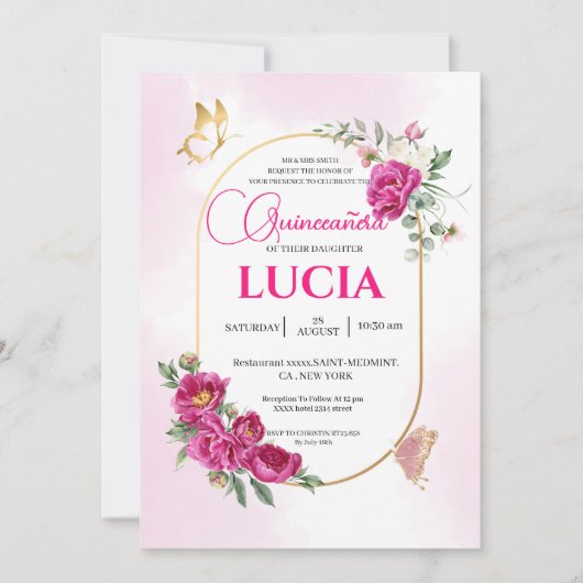 キンセアニラジオメトリックピンク明るい赤紫色フローラ金ゴールド 招待状 (正面)