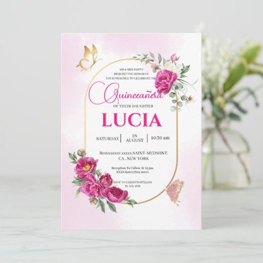 キンセアニラジオメトリックピンク明るい赤紫色フローラ金ゴールド 招待状 (スタンド正面)