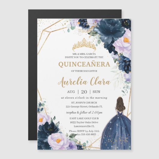 キンセアニラスイート16パープル薄紫ネイビーブルーフローラ マグネット招待状 (正面/裏面)