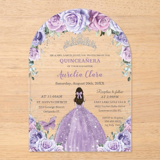 キンセアニラスイート16パープル薄紫フローラガウンArch アクリル招待状 (正面)