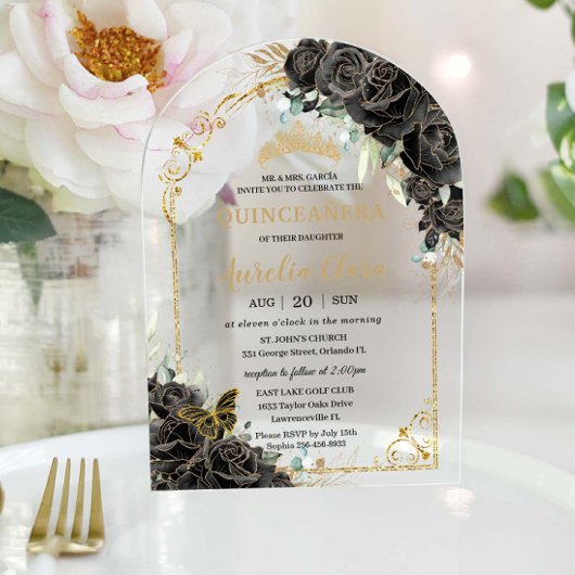 キンセアニラスイート16ブラックバラフローラ金ゴールドアーチ アクリル招待状