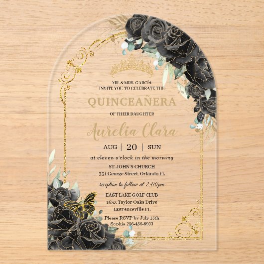 キンセアニラスイート16ブラックバラフローラ金ゴールドアーチ アクリル招待状 (正面)