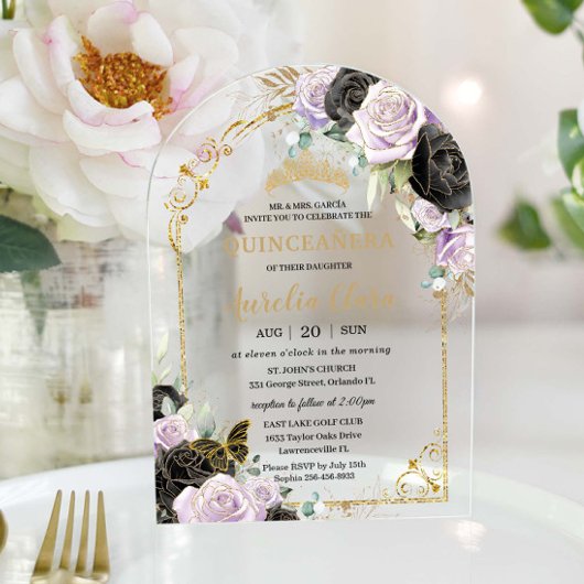 キンセアニラスイート16ブラックパープルフローラ金ゴールドアーチ アクリル招待状