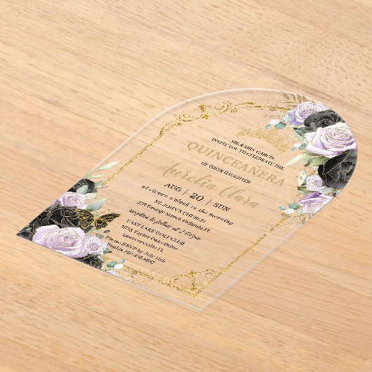 キンセアニラスイート16ブラックパープルフローラ金ゴールドアーチ アクリル招待状 (レイダウン)