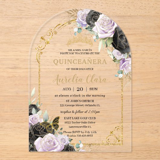 キンセアニラスイート16ブラックパープルフローラ金ゴールドアーチ アクリル招待状 (正面)