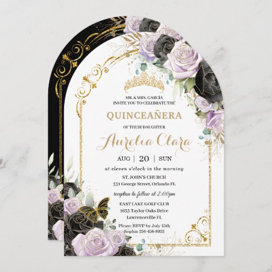 キンセアニラスイート16ブラックパープルフローラ金ゴールドアーチ 招待状 (正面/裏面)
