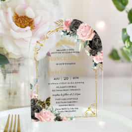 キンセアニラスイート16ブラックピンクフローラ金ゴールドアーチ アクリル招待状