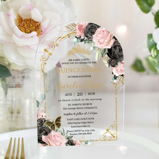 キンセアニラスイート16ブラックピンクフローラ金ゴールドアーチ アクリル招待状