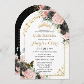 キンセアニラスイート16ブラックピンクフローラ金ゴールドアーチ 招待状 (正面/裏面)