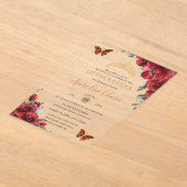 キンセアニラスイート16赤フローラ金ゴールド蝶 アクリル招待状 (レイダウン)