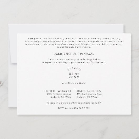 キンセアニラスペインのお洒落タイポグラフィ 招待状 (裏面)