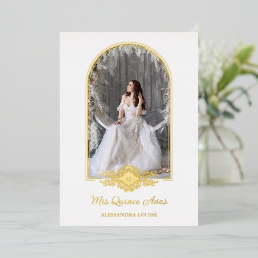 キンセアニラスペインのゴールデンファンシーアーチ効果写真 箔招待状 (立ち正面)