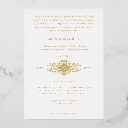 キンセアニラスペインのゴールデンファンシーアーチ効果写真 箔招待状 (裏面)