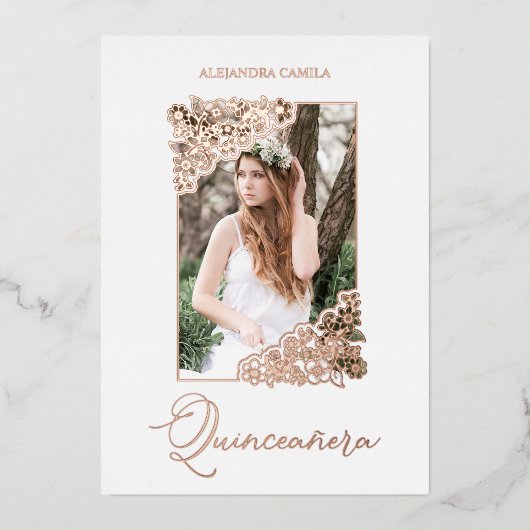 キンセアニラスペインのロマンチックフローラフレーム写真 箔招待状 (正面)