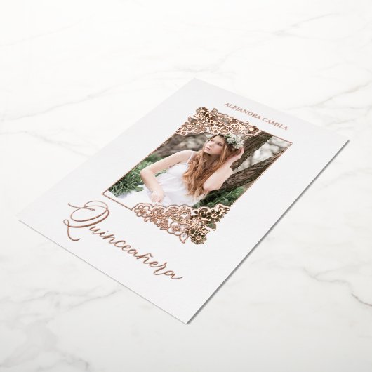 キンセアニラスペインのロマンチックフローラフレーム写真 箔招待状 (回転した状態)