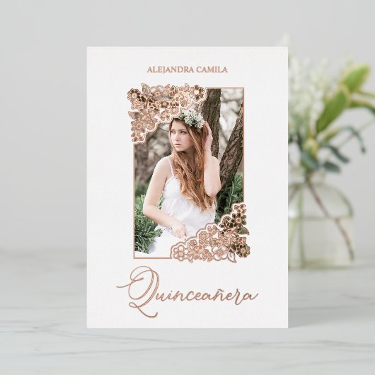 キンセアニラスペインのロマンチックフローラフレーム写真 箔招待状 (立ち正面)