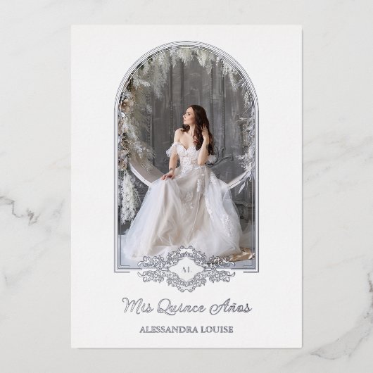 キンセアニラスペインの銀ファンシーアーチ効果写真 箔招待状 (正面)