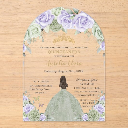 キンセアニラセージグリーンパープル薄紫フローラアーチ アクリル招待状 (正面)