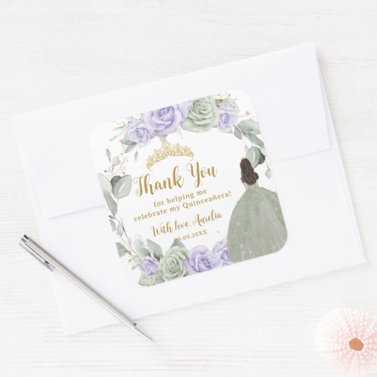 キンセアニラセージグリーンパープル薄紫フローラ金ゴールド スクエアシール (封筒)