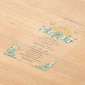 キンセアニラセージグリーンフローラ金ゴールドクラウンバタフライ アクリル招待状 (レイダウン)