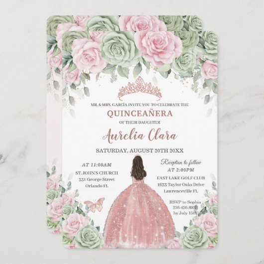 キンセアニラセージグリーンベビーピンクフローラバラ金ゴールド 招待状 (正面/裏面)