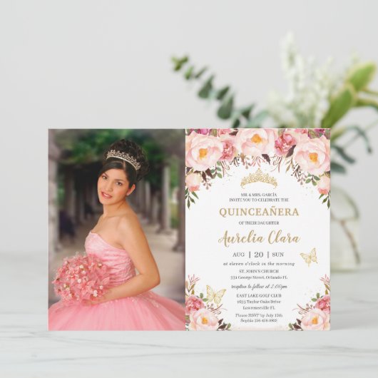 キンセアニラソフト赤面フローラ金ゴールドティアラバタフライ 招待状 (スタンド正面)