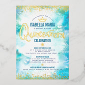 キンセアニラターコイズウォーターカラークラウン実在金ゴールド 箔招待状 (正面)