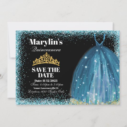 キンセアニラターコイズグリッターバルゴウン誕生日 セーブザデート (正面)
