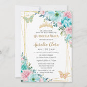 キンセアニラターコイズピンクフローラ金ゴールド蝶 招待状 (正面)