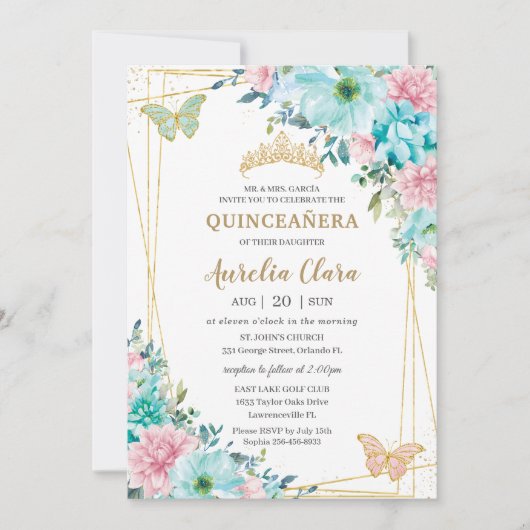 キンセアニラターコイズピンクフローラ金ゴールド蝶 招待状 (正面)