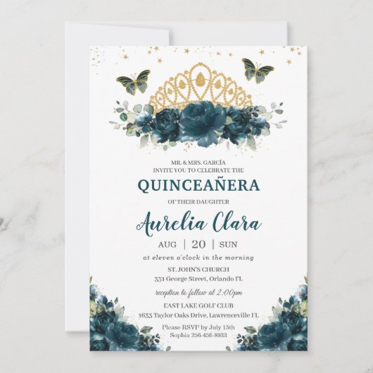 キンセアニラダークティール(緑がかった色)フローラ蝶クラウン 招待状 (正面)