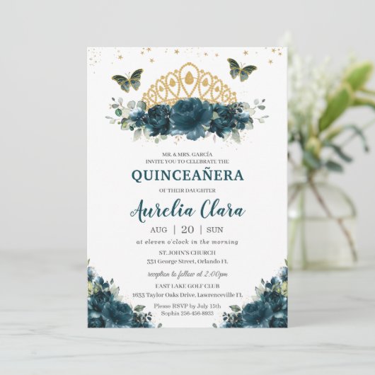 キンセアニラダークティール(緑がかった色)フローラ蝶クラウン 招待状 (スタンド正面)