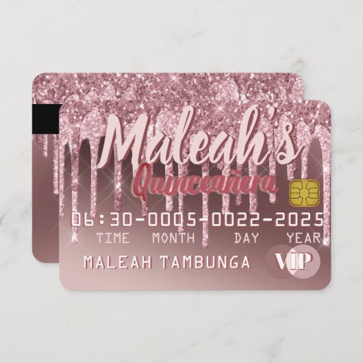 キンセアニラダークバラ金ゴールド&ピンクグリッタードリップ 招待状 (正面/裏面)