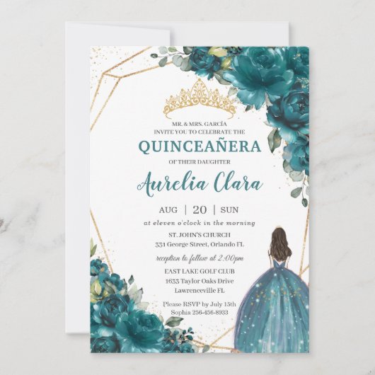 キンセアニラティール(緑がかった色)ブルーグリーンフローラプリンセスクラウン 招待状 (正面)