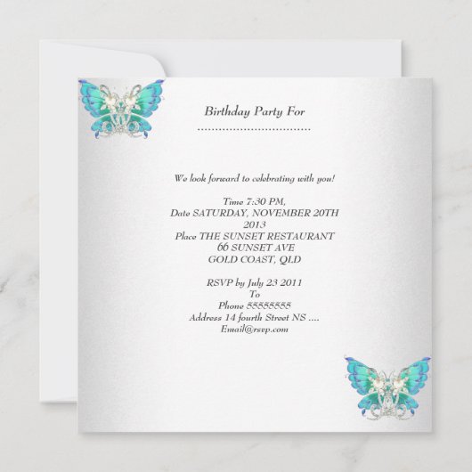 キンセアニラティール（緑がかった色）ブルーホワイトバタフライダイヤモンド2 招待状 (裏面)
