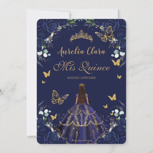 キンセアニラネイビーブルーバラフローラプリンセス金ゴールド 招待状 (裏面)