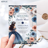 キンセアニラネイビーブルーピーチシルバードレス花 アクリル招待状