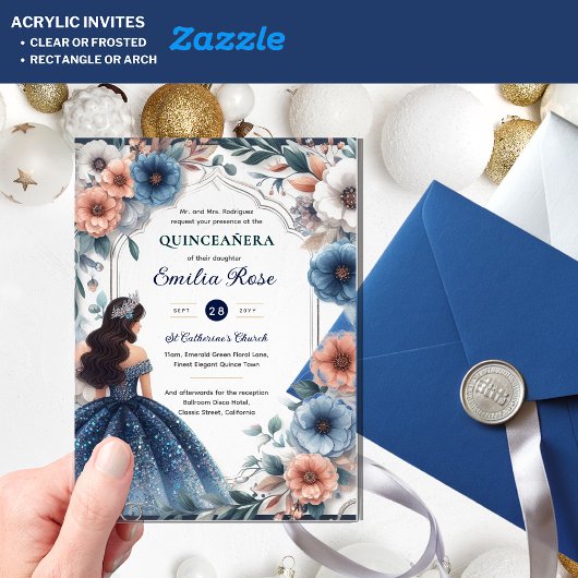 キンセアニラネイビーブルーピーチシルバードレス花 アクリル招待状