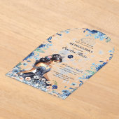 キンセアニラネイビーブルーピーチシルバードレス花 アクリル招待状 (レイダウン)