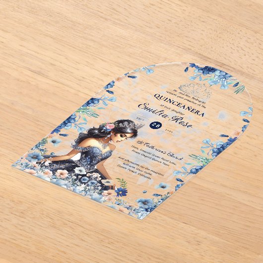 キンセアニラネイビーブルーピーチシルバードレス花 アクリル招待状 (レイダウン)