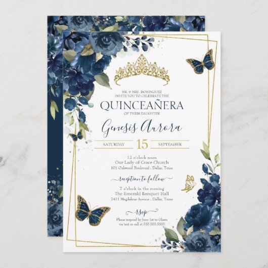 キンセアニラネイビーブルーフローラ金ゴールドバタフライ 招待状 (正面/裏面)