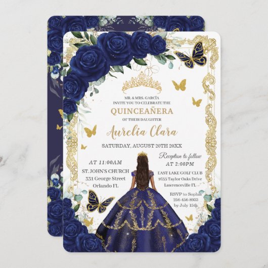 キンセアニラネイビーブルーフローラ金ゴールドプリンセス 招待状 (正面/裏面)