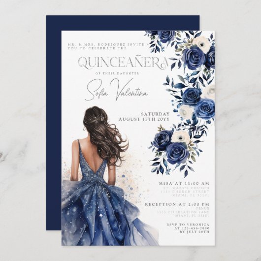 キンセアニラネイビ王室のーブルーフローラガウンプリンセス 招待状 (正面/裏面)