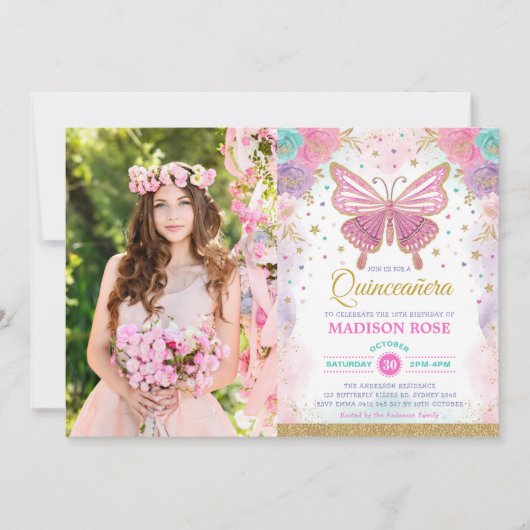 キンセアニラバタフライピンクパープルティール(緑がかった色)誕生日 招待状 (正面)