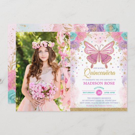 キンセアニラバタフライピンクパープルティール(緑がかった色)誕生日 招待状 (正面/裏面)