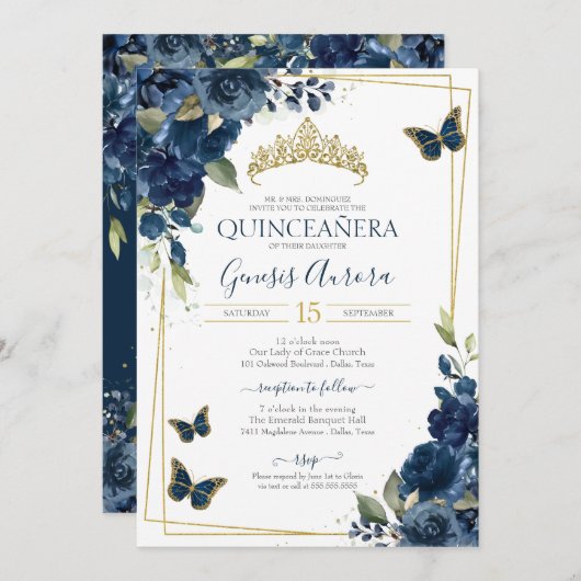 キンセアニラバタフライブルーウォーターカラーフローラ 招待状 (正面/裏面)